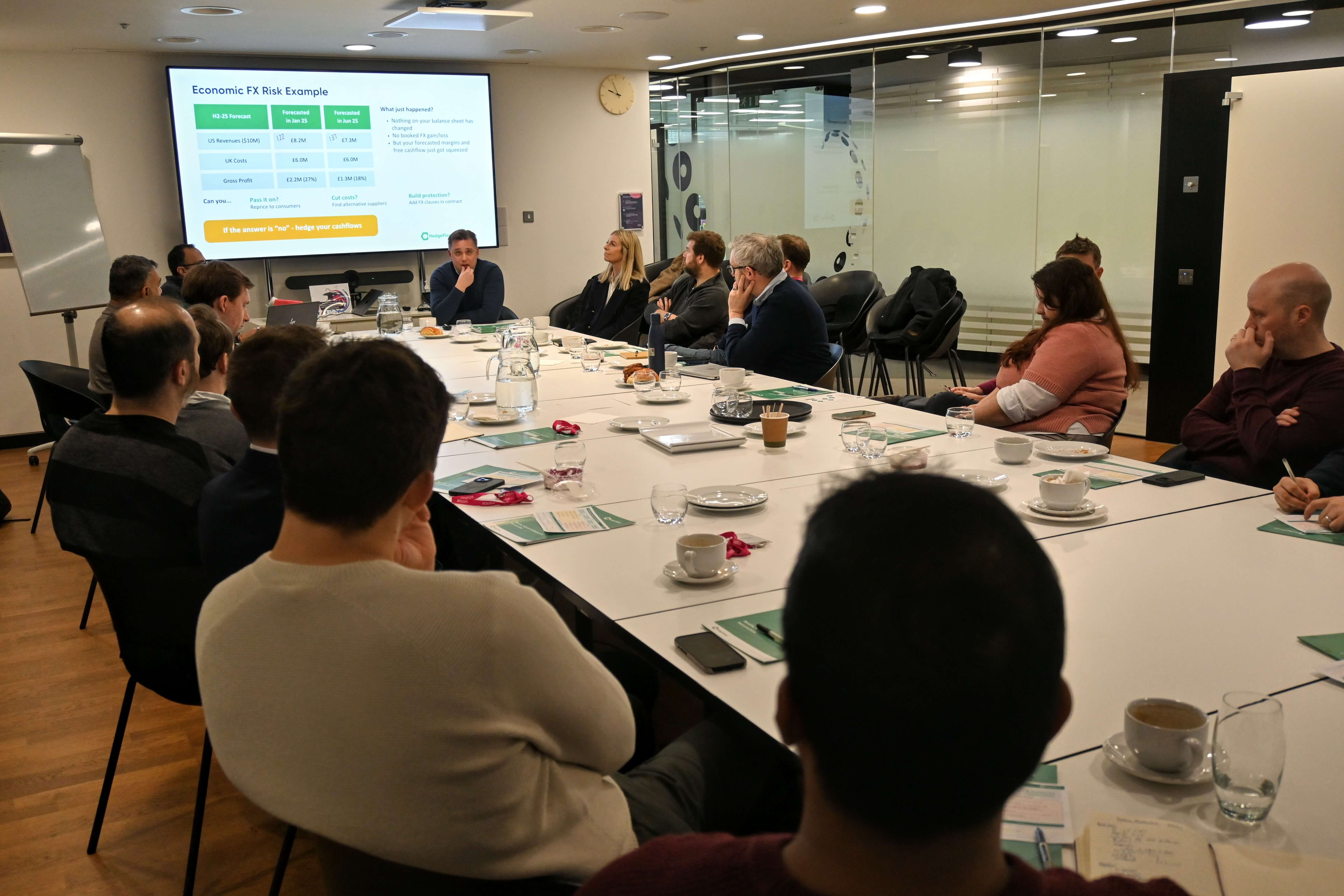 HedgeFlows Treasury Masterclass — attendees around the table during an FX risk session