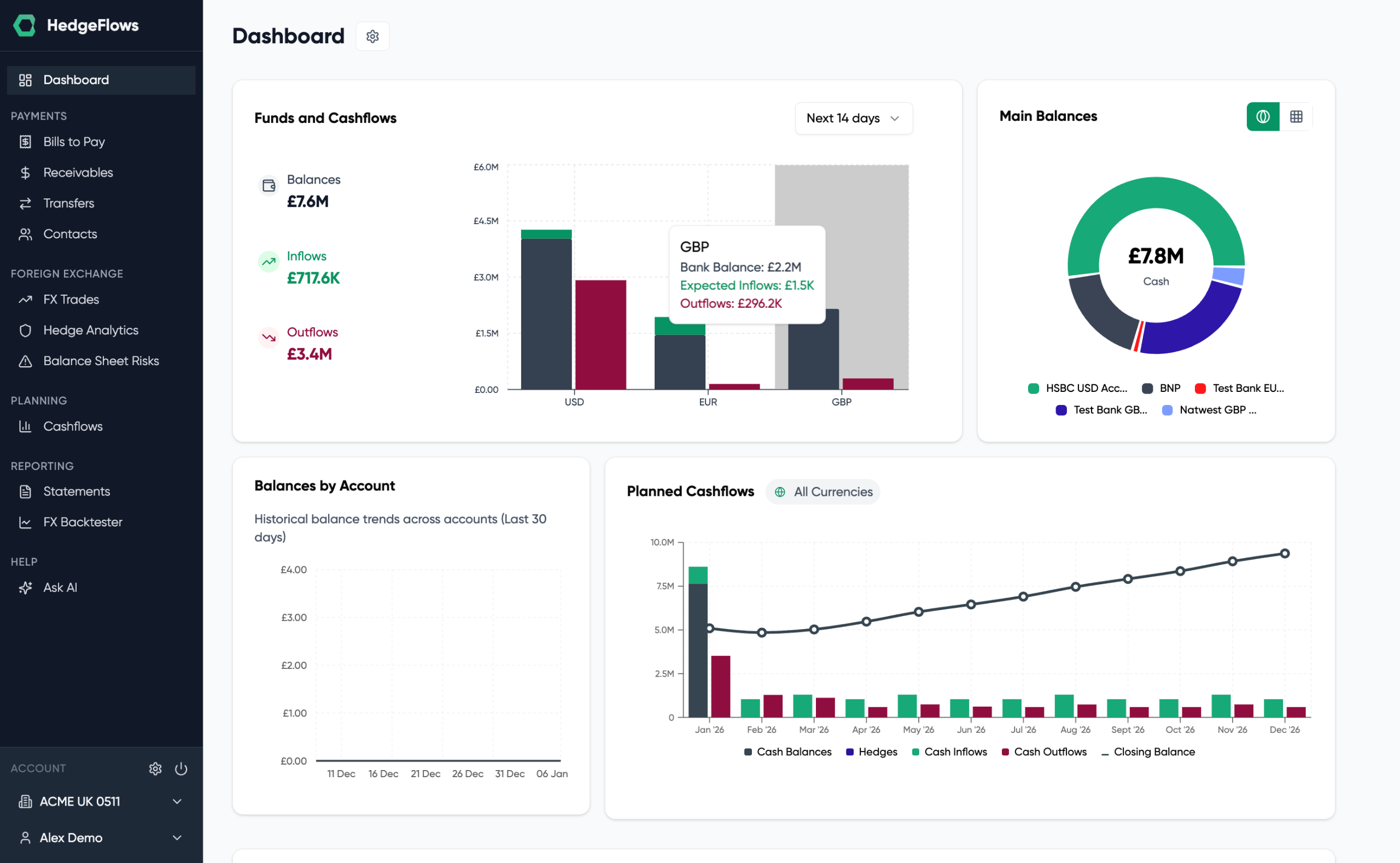 HedgeFlows treasury dashboard showing cash positions, FX exposure, and payment flows